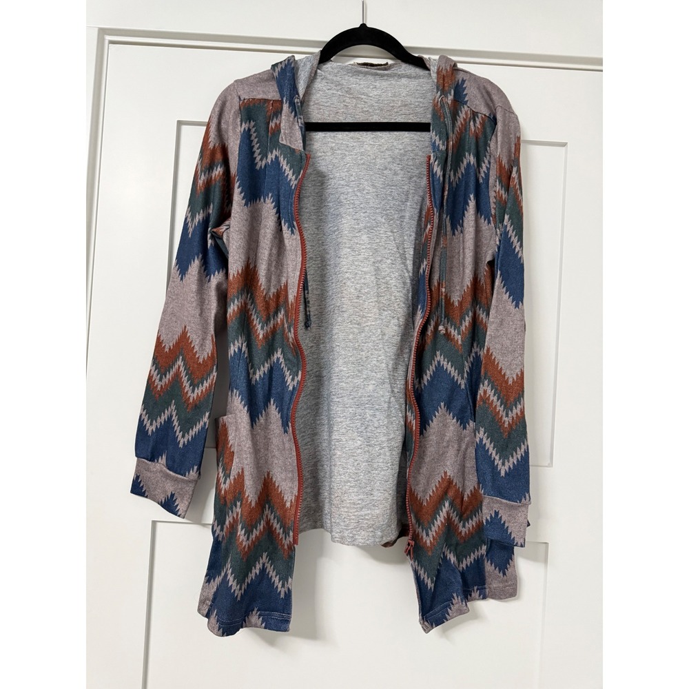 Miusey Womens Southwestern Chevron Zip Up Hoodie Jacket Gray Blue Rust Large